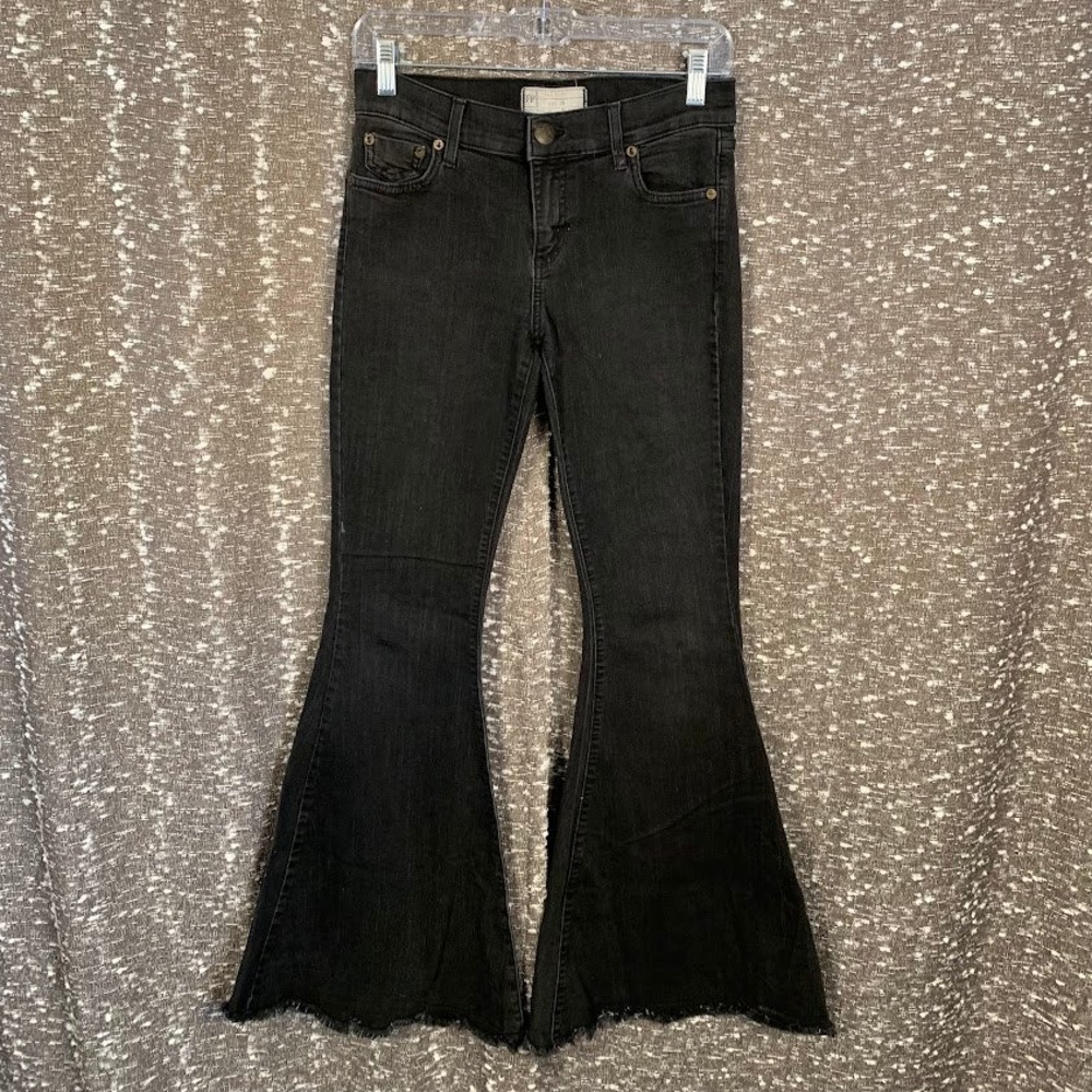 Free People Black Flare Jeans Frayed Hem Bell Bottom Denim Boho Hippie Size 28